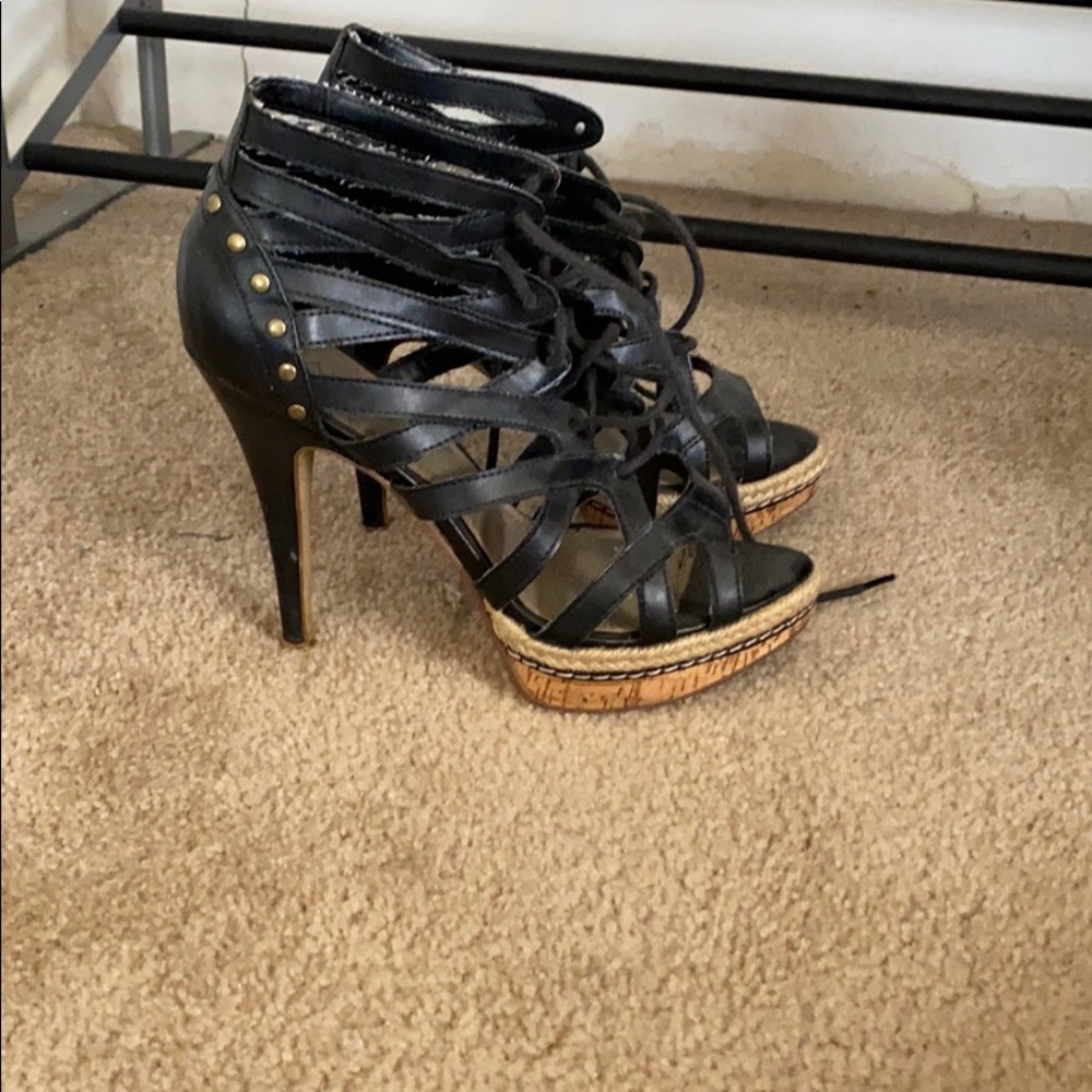 Size 8 black lace up heels open toed
